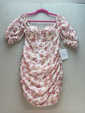 Alamour The Label Myrna Floral Puff-Sleeve Ruched Mini Dress size Large/8 NWT
